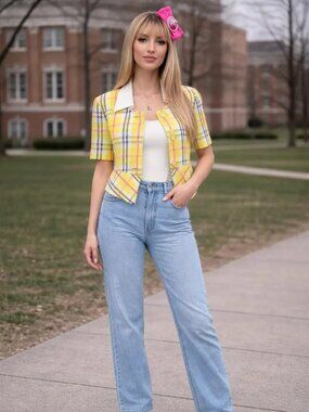 Clueless Inspired Lime Green Plaid Blouse | 90s Vintage Plaid Top | SMALL